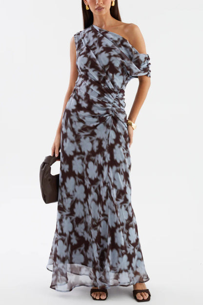 Cardydony Women's Unique Print Asymmetrical Off-Shoulder Pleated Waist Casual Maxi Dress