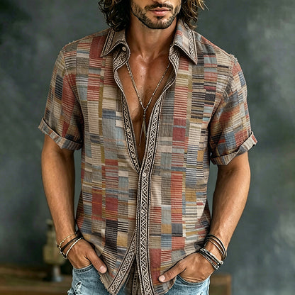 Cardydony Men's Vintage Abstract Geometric Pattern Art Print Casual Cotton Shirt