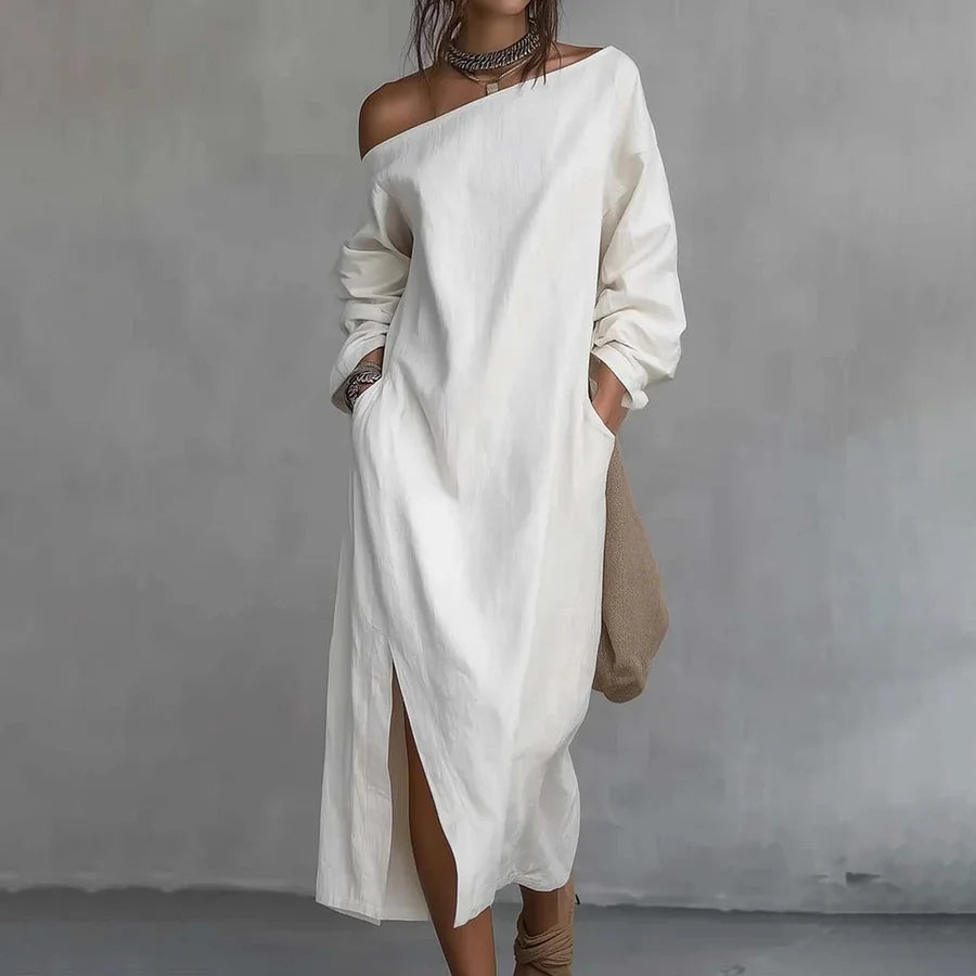 Cardydony Women's Casual Solid Color One-shoulder Cotton Linen Maxi Dress