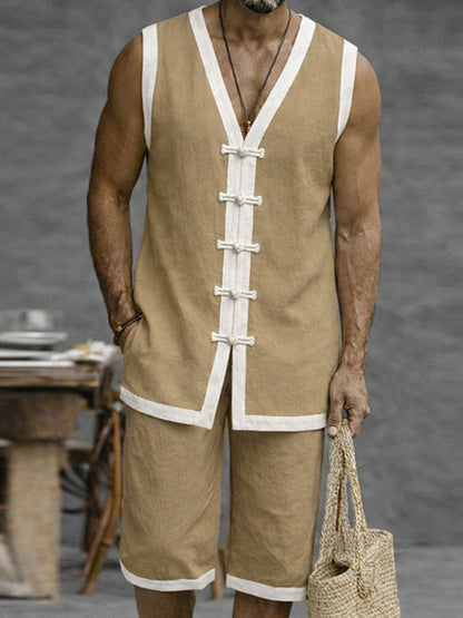 Cardydony Men's Relaxed Fit Contrast Color Frog Button Vest Set