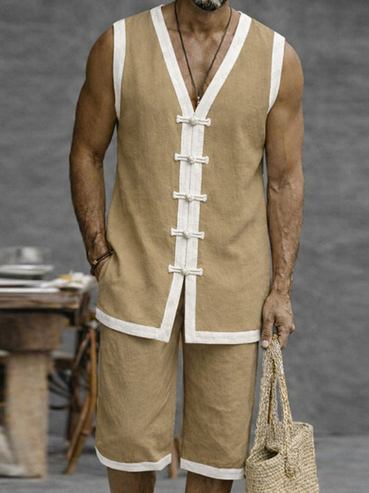 Cardydony Men's Relaxed Fit Contrast Color Frog Button Vest Set