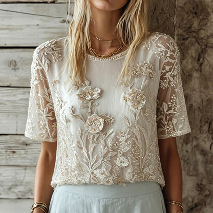 Cardydony Vintage Lace Floral Embroidered Sheer Mesh Short Sleeve Top