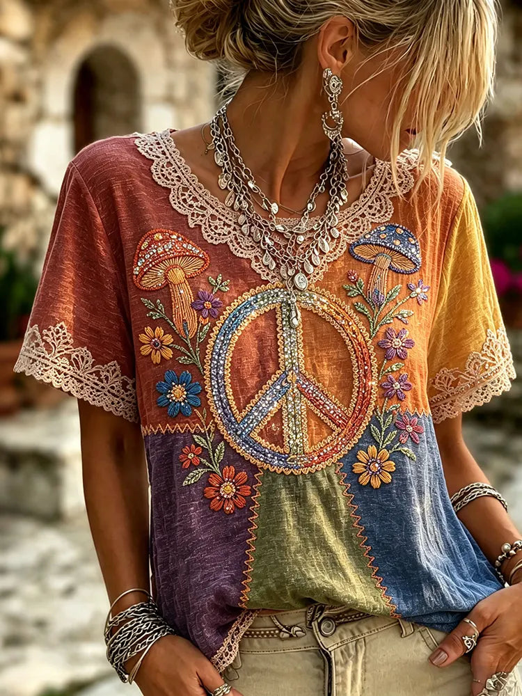 Cardydony Women's Retro Hippie Pattern Art Print Crew Neck T-shirt