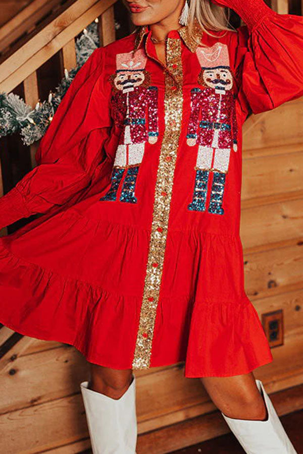 Cardydony Women's Nutcracker Sequined Button Down Long Sleeve Mini Dress