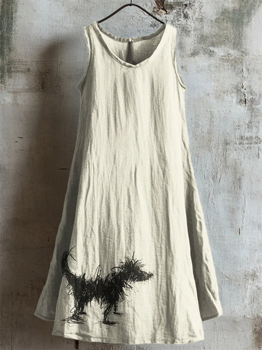 Cardydony Fuzzy Dog Line Painting Linen Tank Dress