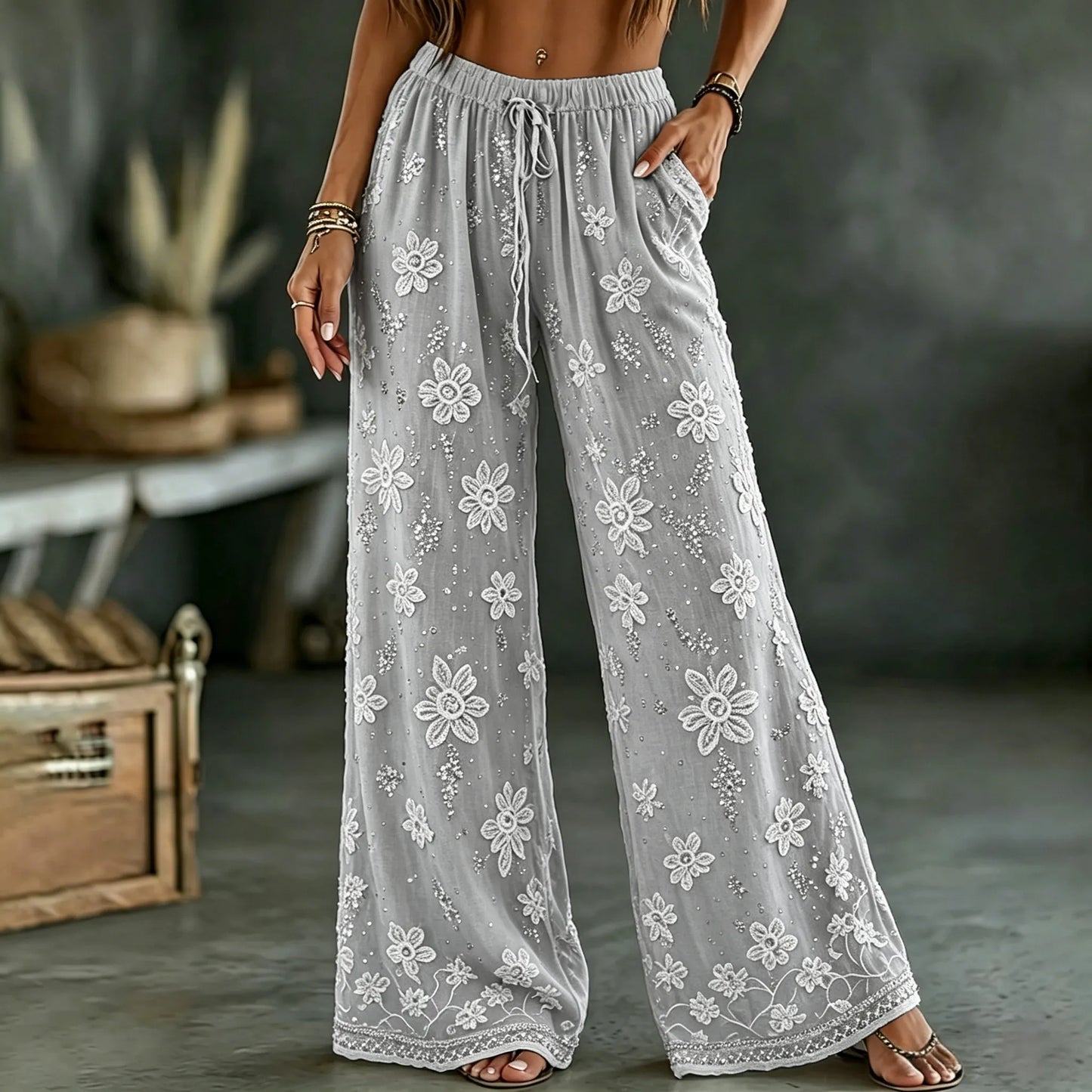Cardydony Women's White Rose Art Embroidered Linen Blend Pants