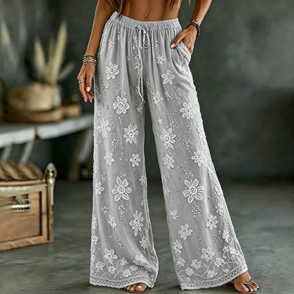 Cardydony Women's White Rose Art Embroidered Linen Blend Pants