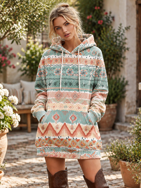 Cardydony Women's Vintage Geometric Floral Art Casual Warm Hooded Dress