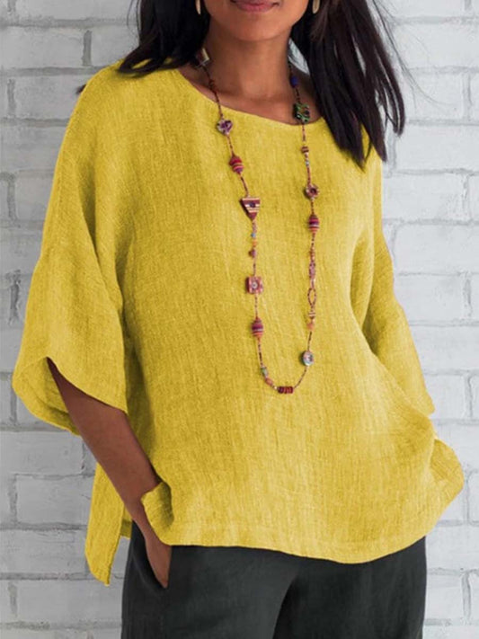 Cardydony 3/4 Sleeve Round Neck Cotton and Linen T-Shirt