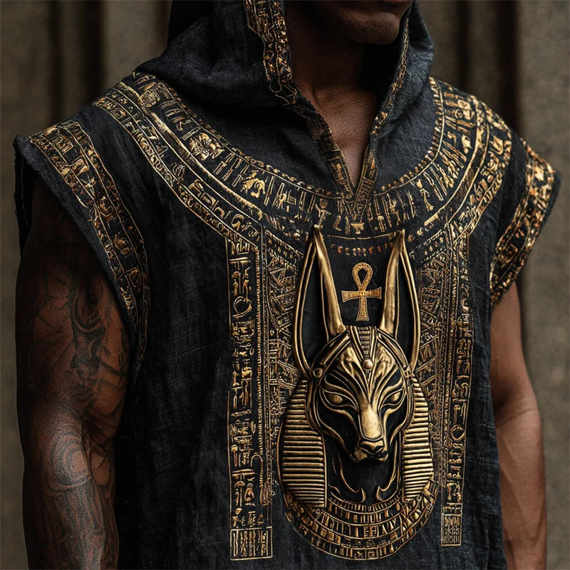 Cardydony Ancient Egyptian Anubis Ankh Golden Embroidered Hooded Linen Tank