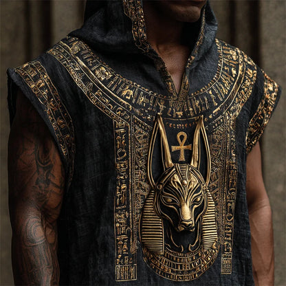 Cardydony Ancient Egyptian Anubis Ankh Golden Embroidered Hooded Linen Tank