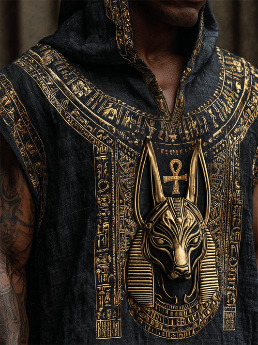 Cardydony Ancient Egyptian Anubis Ankh Golden Embroidered Hooded Linen Tank