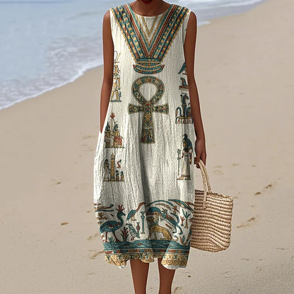 Cardydony Ancient Egyptian Inspired Women's Vintage Linen Casual Sleeveless Dress