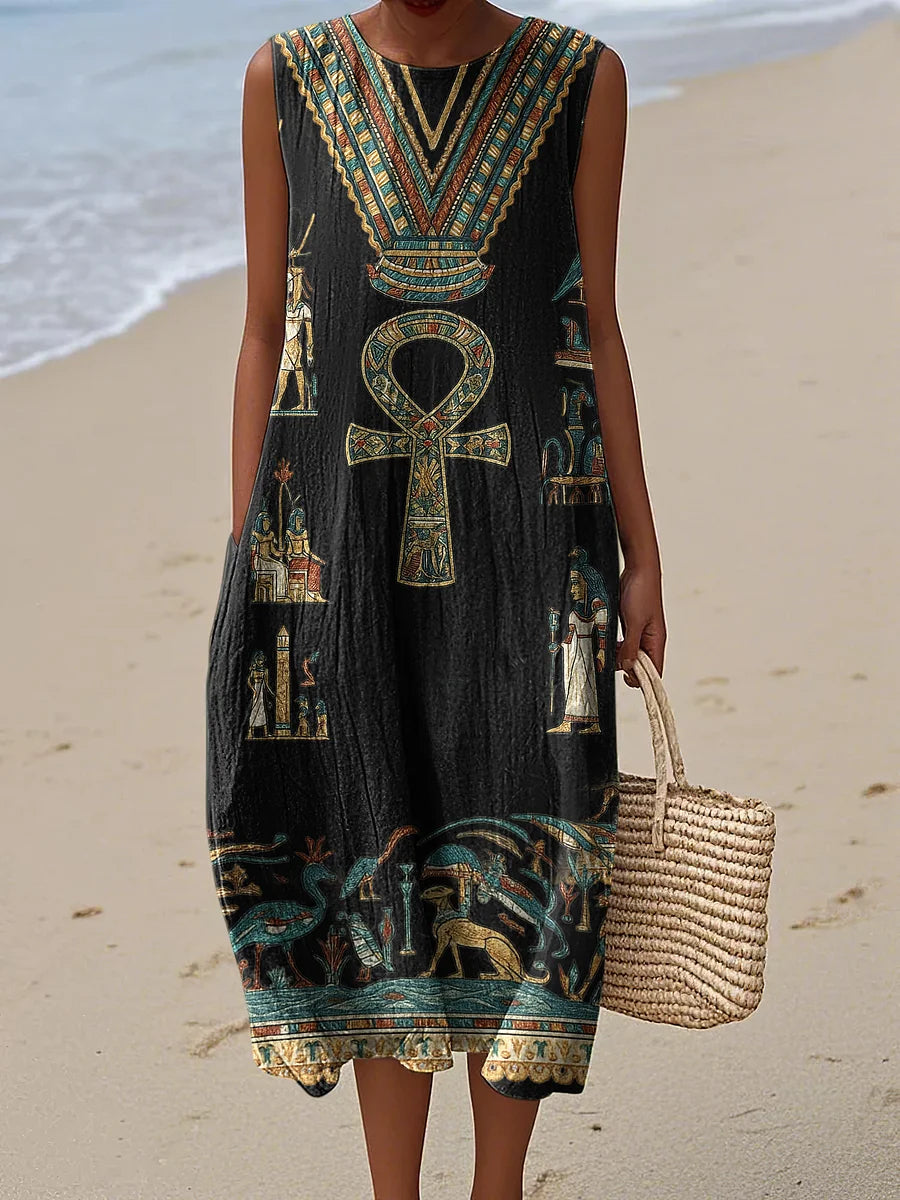 Cardydony Ancient Egyptian Inspired Women's Vintage Linen Casual Sleeveless Dress