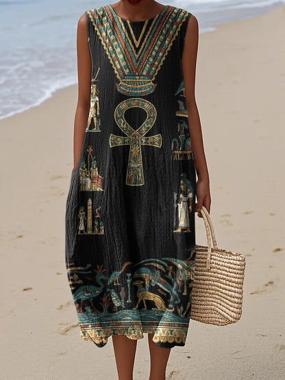 Cardydony Ancient Egyptian Inspired Women's Vintage Linen Casual Sleeveless Dress