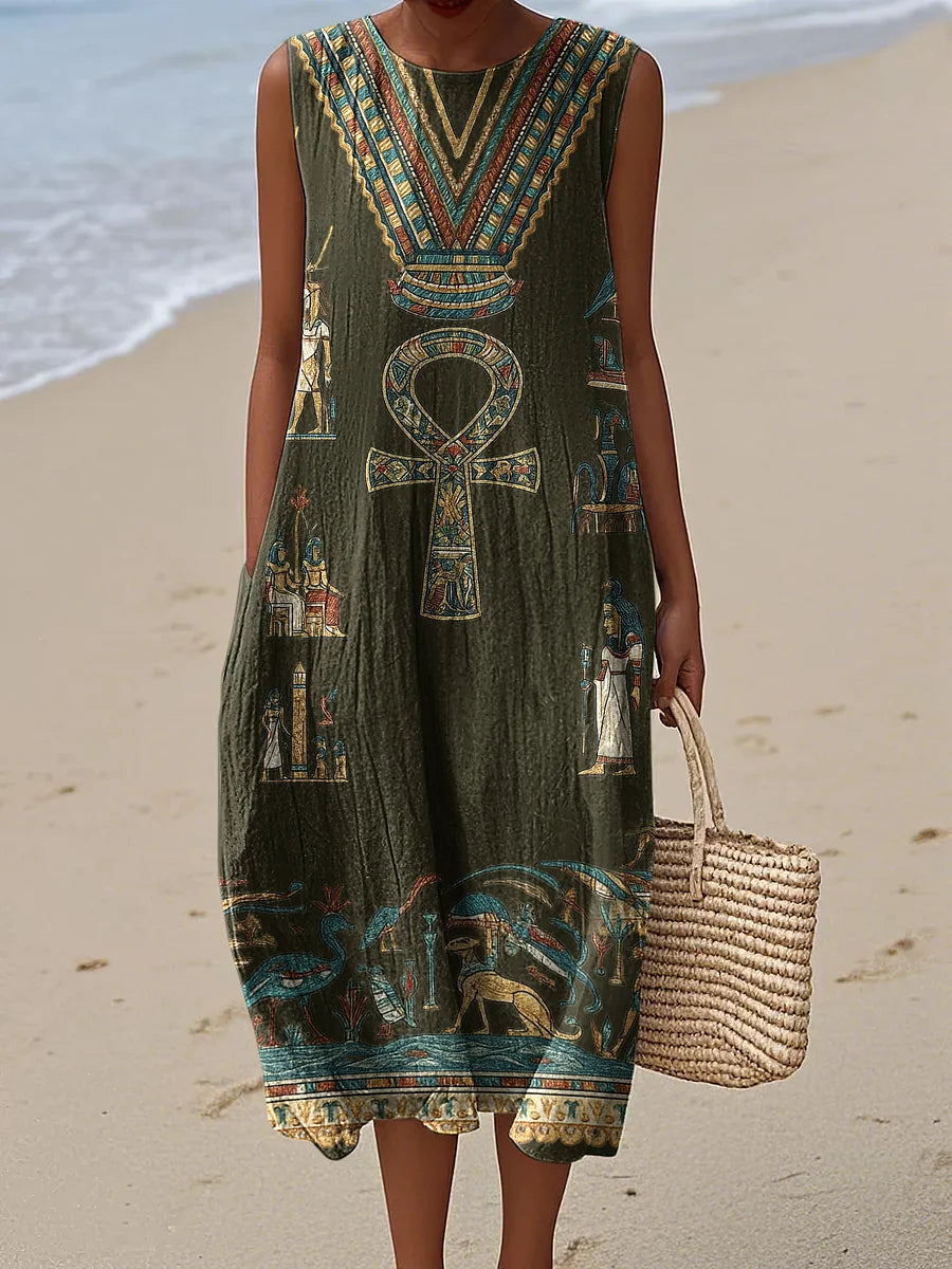 Cardydony Ancient Egyptian Inspired Women's Vintage Linen Casual Sleeveless Dress