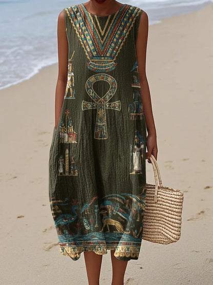 Cardydony Ancient Egyptian Inspired Women's Vintage Linen Casual Sleeveless Dress