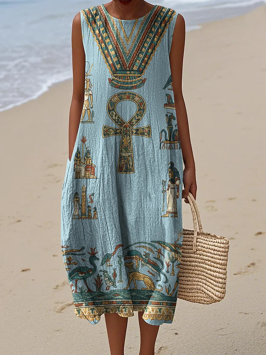Cardydony Ancient Egyptian Inspired Women's Vintage Linen Casual Sleeveless Dress