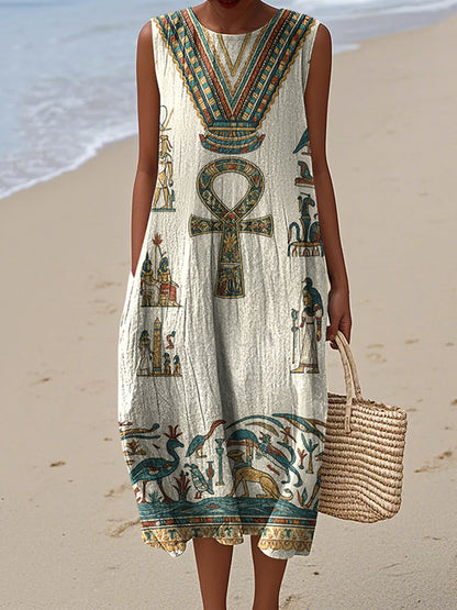 Cardydony Ancient Egyptian Inspired Women's Vintage Linen Casual Sleeveless Dress