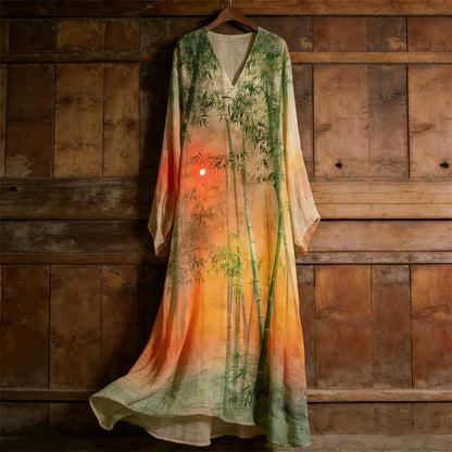 Cardydony Bamboo Forest Sunset Japanese Art Gradient Flowy Linen Maxi Dress