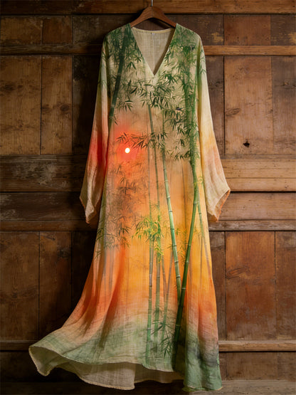 Cardydony Bamboo Forest Sunset Japanese Art Gradient Flowy Linen Maxi Dress