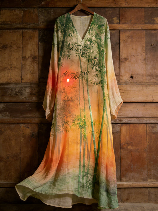Cardydony Bamboo Forest Sunset Japanese Art Gradient Flowy Linen Maxi Dress