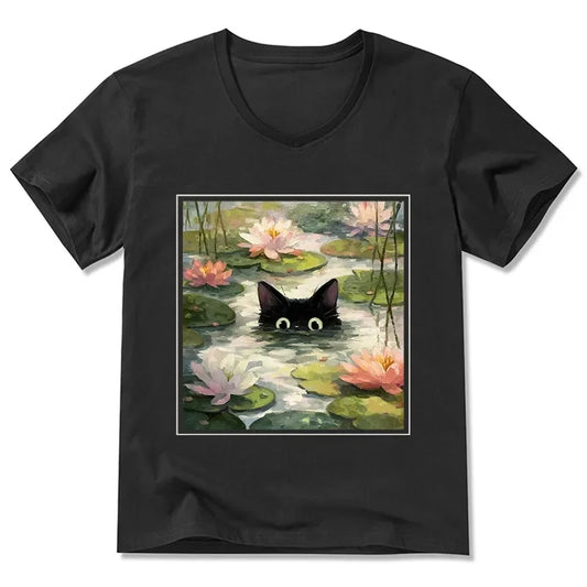 Cardydony Black Cat And Lotus Flower V-neck Classic T-shirt