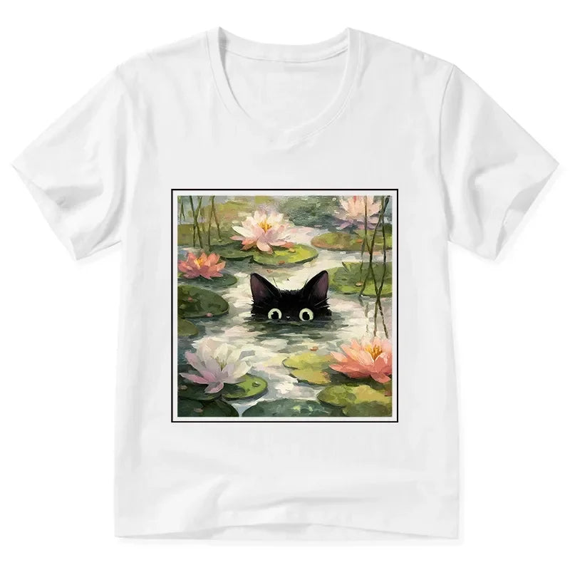 Cardydony Black Cat And Lotus Flower V-neck Classic T-shirt