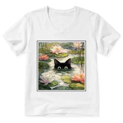 Cardydony Black Cat And Lotus Flower V-neck Classic T-shirt