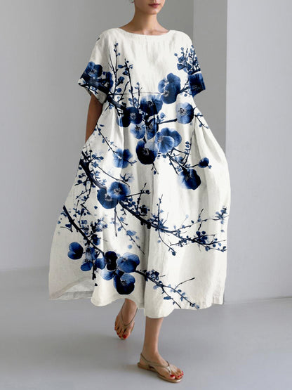 Cardydony Blue Sakura Art Linen Blend Comfy Maxi Dress