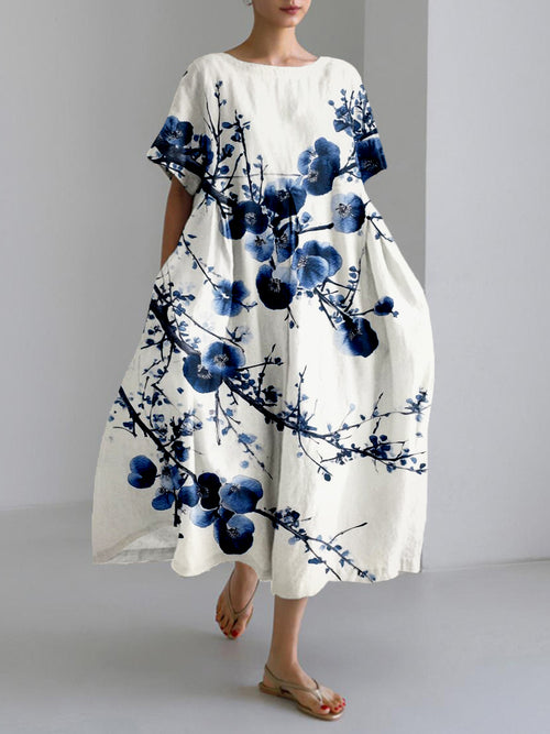 Cardydony Blue Sakura Art Linen Blend Comfy Maxi Dress