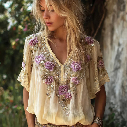 Cardydony Bohemian Floral Embroidery Women's Linen V-neck Shirt