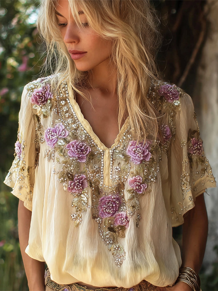 Cardydony Bohemian Floral Embroidery Women's Linen V-neck Shirt