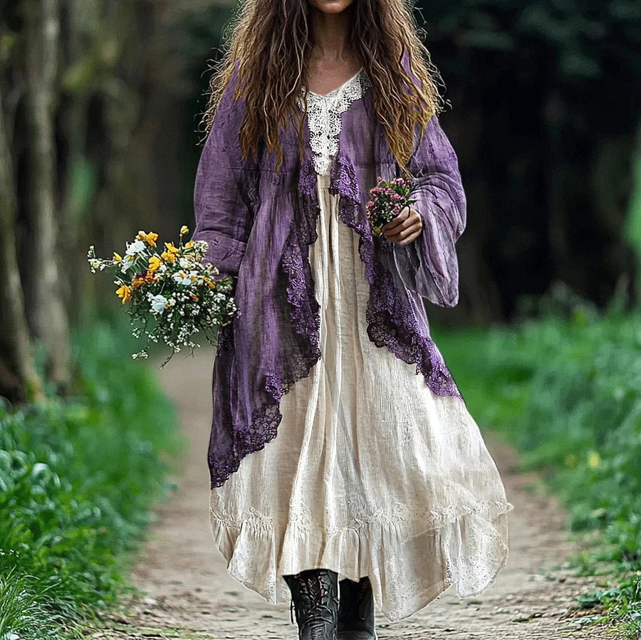 Cardydony Bohemian Lace Patchwork Flowy Linen Dress