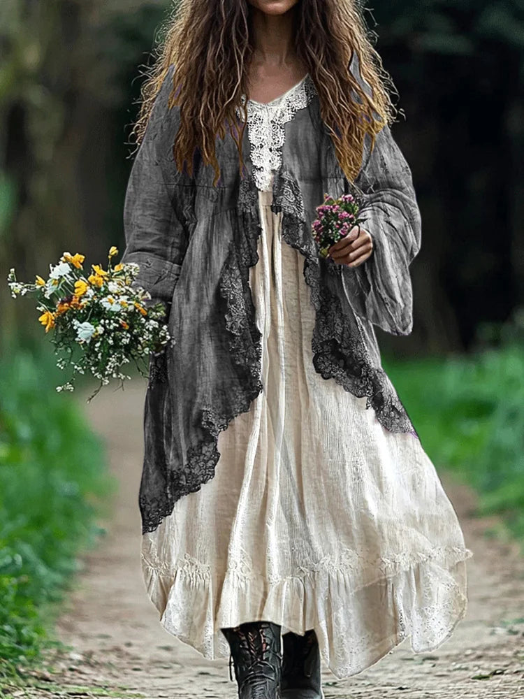 Cardydony Bohemian Lace Patchwork Flowy Linen Dress