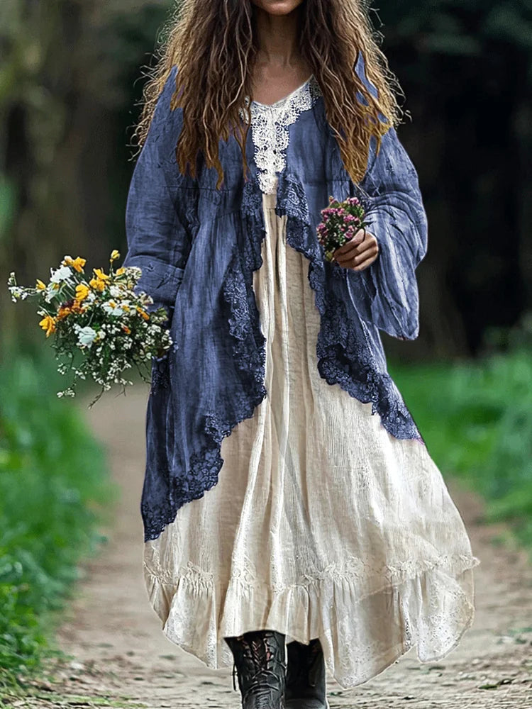 Cardydony Bohemian Lace Patchwork Flowy Linen Dress