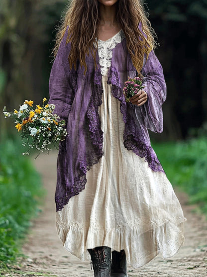 Cardydony Bohemian Lace Patchwork Flowy Linen Dress