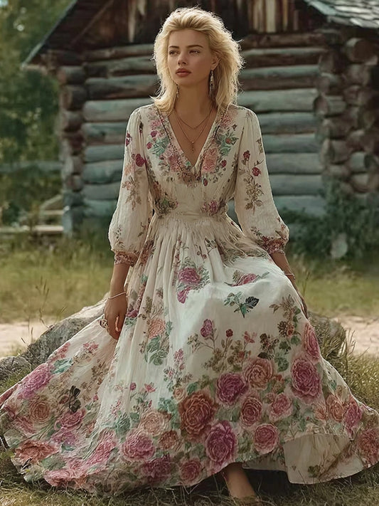 Cardydony Bohemian Style Floral Butterfly Pattern Women's V-neck Dress