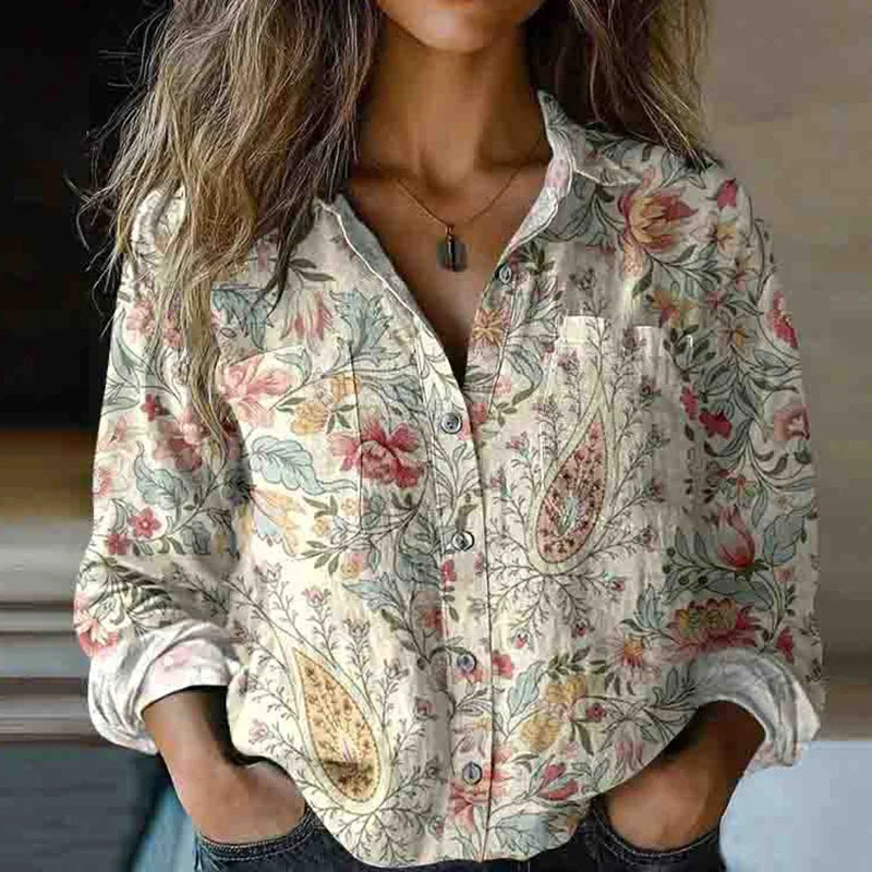 Cardydony Bohemian Style Floral & Paisley Patchwork Linen Print Long Sleeve Shirt