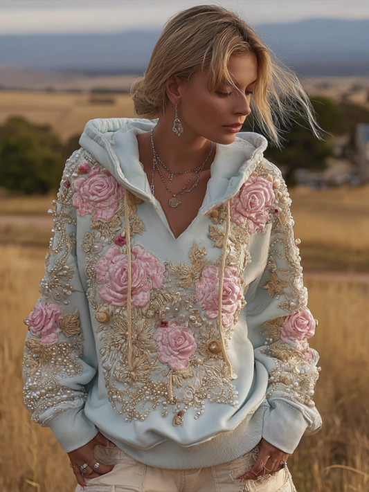 Cardydony Bohemian Style Plant And Flower Embroidery Pattern Women's Hooded Sweatshirt