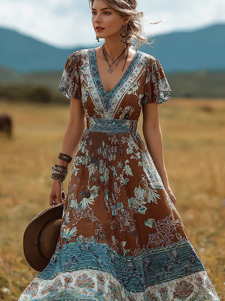 Cardydony Bohemian Style Retro Floral Pattern Women's V-neck Dress