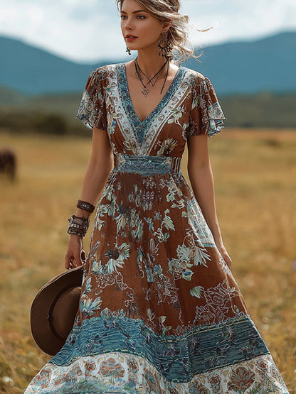 Cardydony Bohemian Style Retro Floral Pattern Women's V-neck Dress