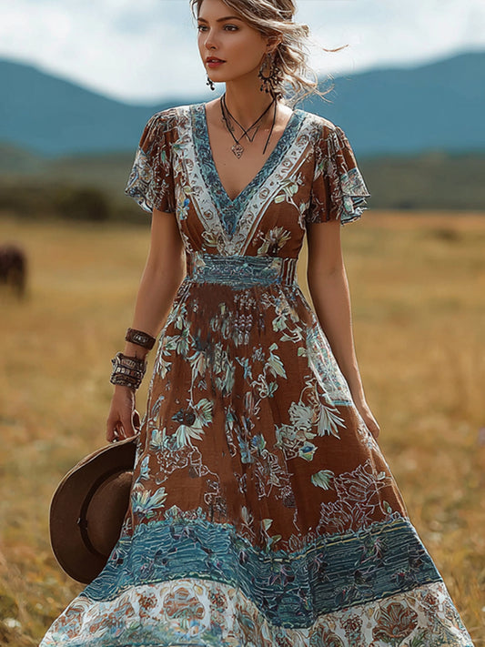 Cardydony Bohemian Style Retro Floral Pattern Women's V-neck Dress