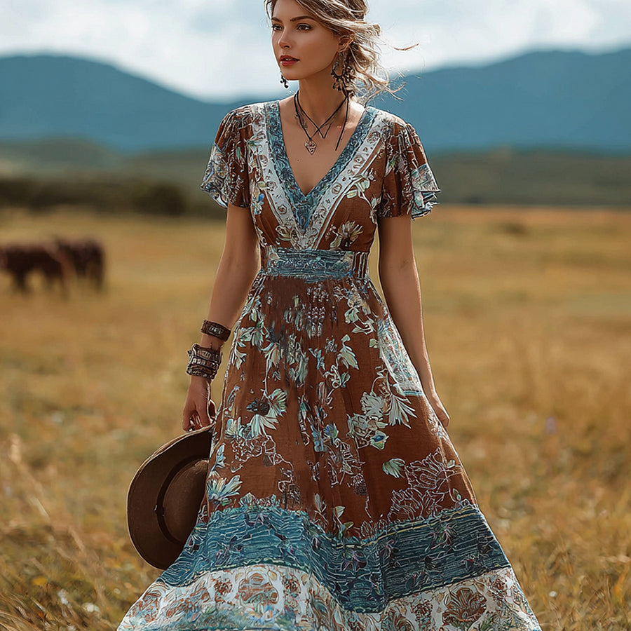 Cardydony Bohemian Style Retro Floral Pattern Women's V-neck Dress