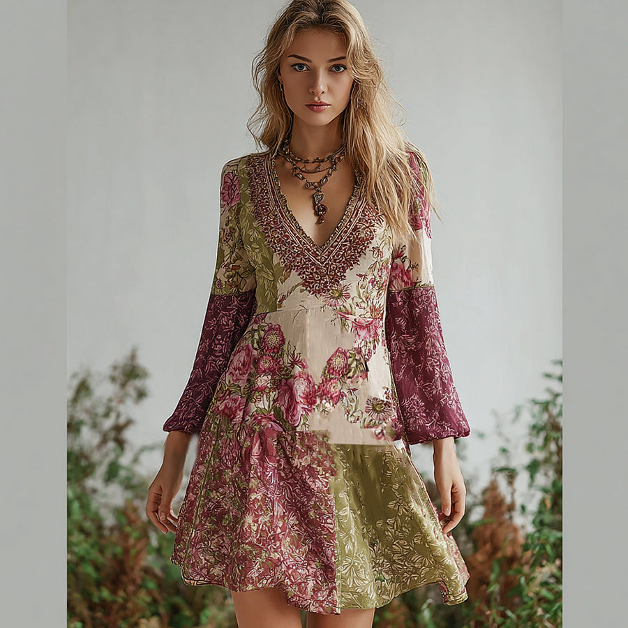 Cardydony Bohemian Style Retro Floral Pattern Women's V-neck Dress