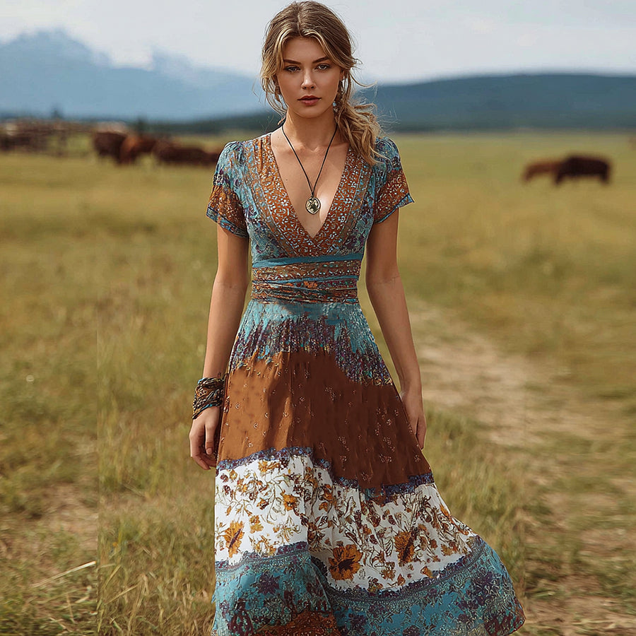 Cardydony Bohemian Style Retro Floral Pattern Women's V-neck Dress