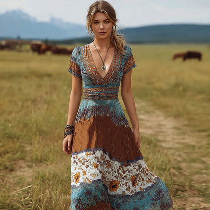 Cardydony Bohemian Style Retro Floral Pattern Women's V-neck Dress