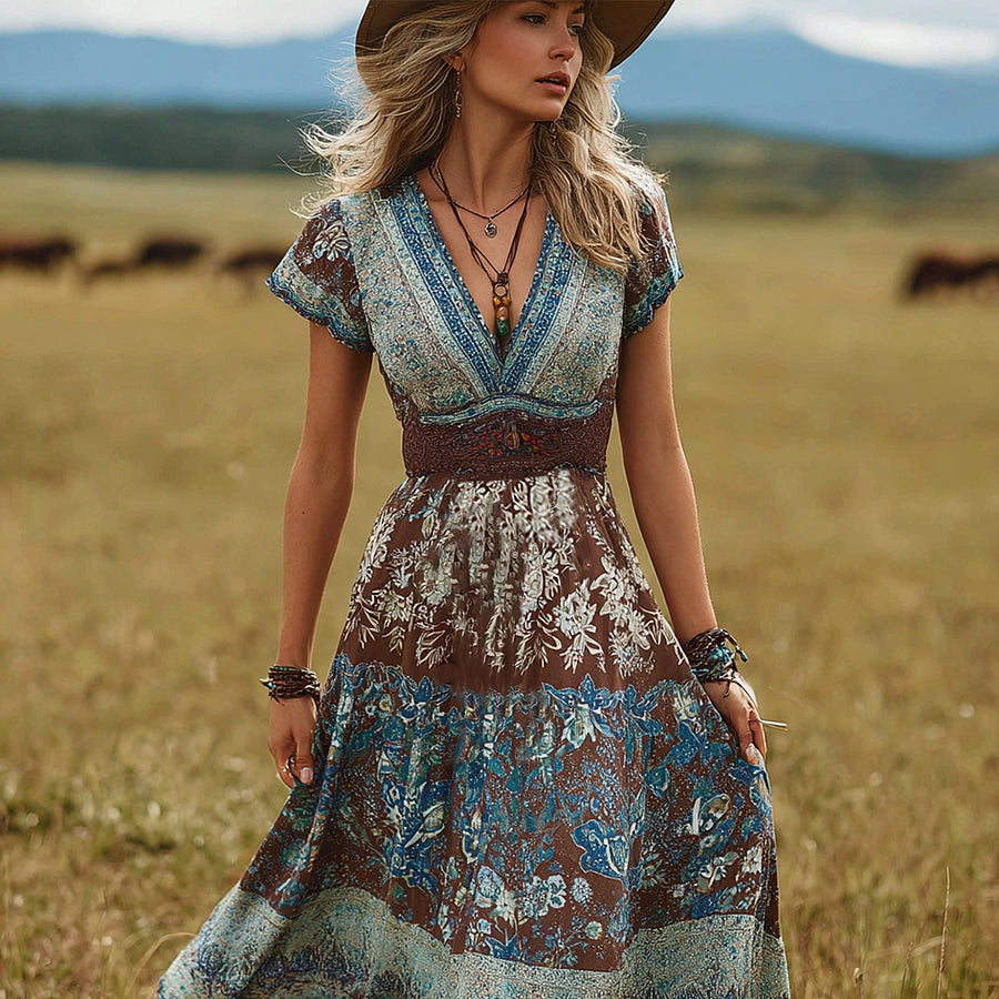 Cardydony Bohemian Style Retro Floral Pattern Women's V-neck Dress