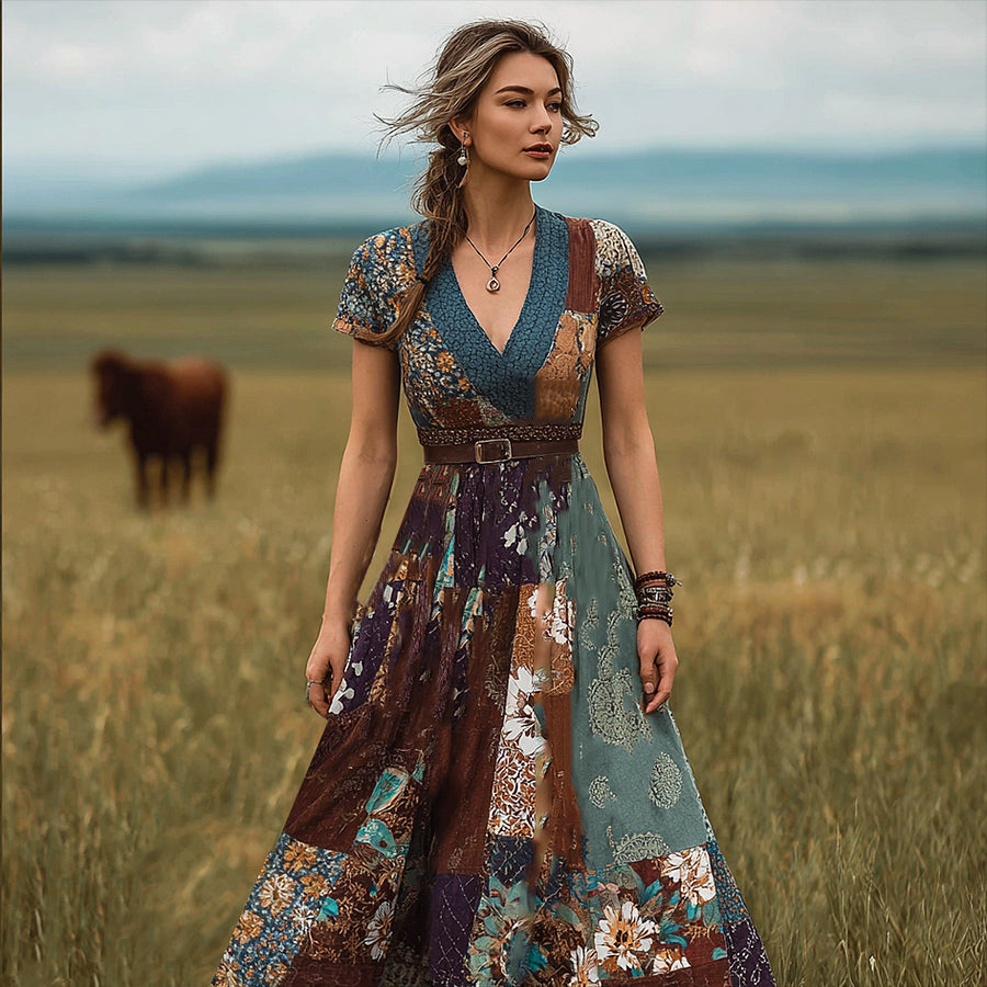 Cardydony Bohemian Style Retro Floral Pattern Women's V-neck Dress
