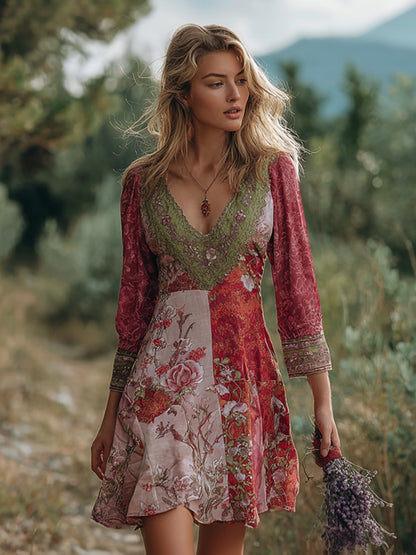 Cardydony Bohemian Style Retro Floral Pattern Women's V-neck Dress